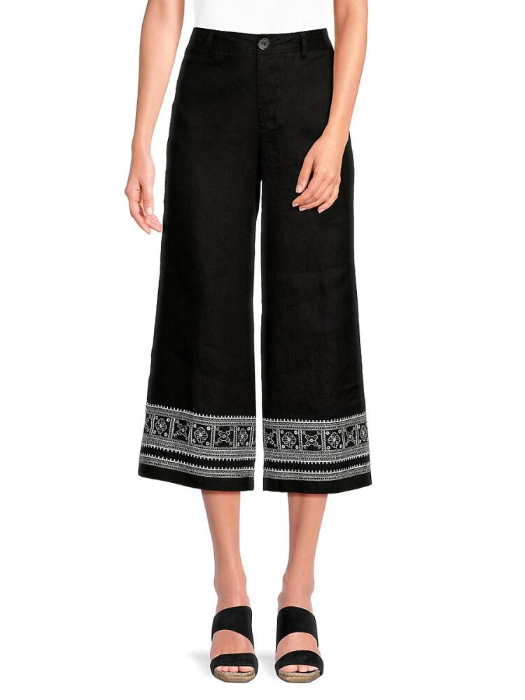 Saks Fifth Avenue Women's Embroidered 100% Linen Cropped Pants - Black Cover