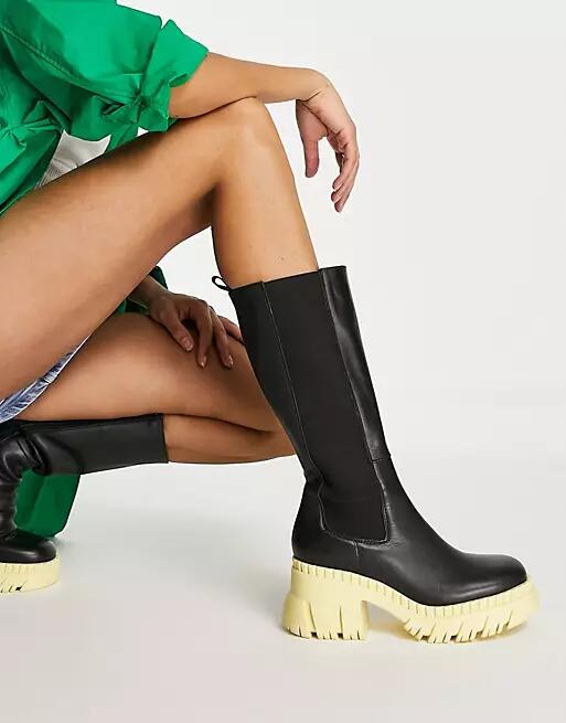 ASOS DESIGN Capricorn premium leather chunky Chelsea knee boots in black with yellow sole-Multi Cover