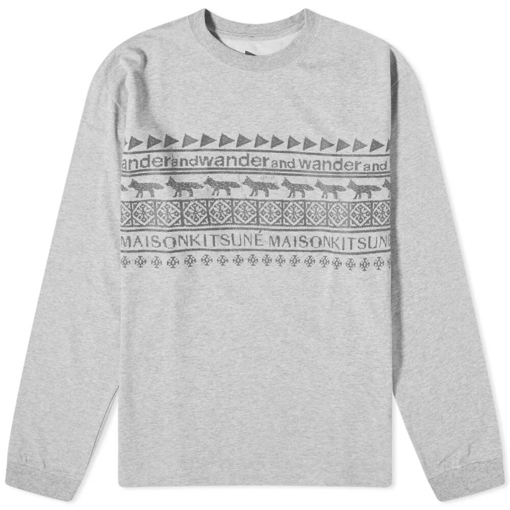 And Wander Men's x Maison Kitsuné Long Sleeve Nordic Border T-Shirt in Grey Cover