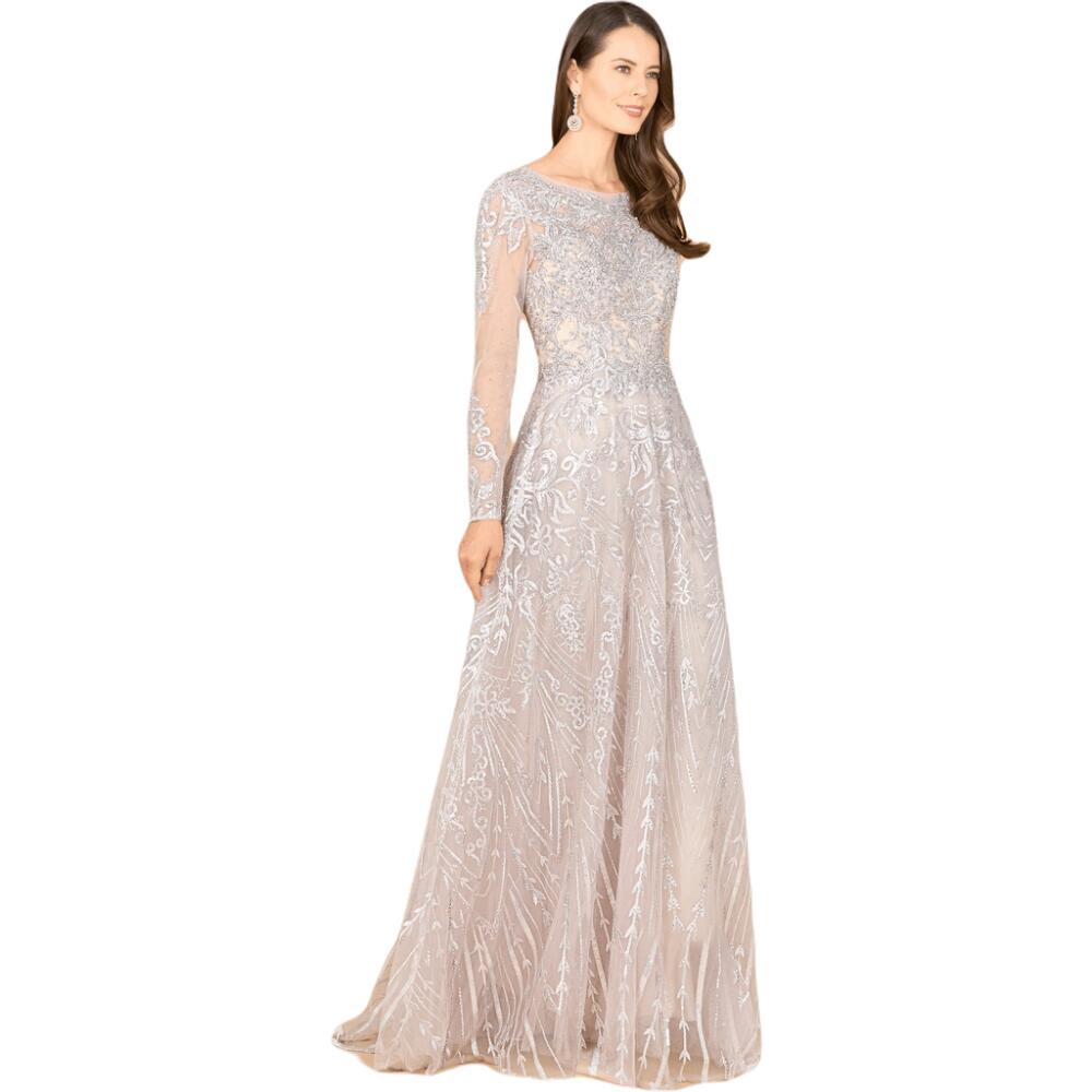 LARA New York Long Sleeve High Neck Gown in Fog Cover