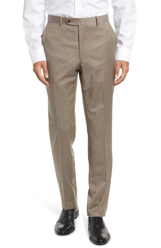 Peter Millar Harker Flat Front Solid Stretch Wool Dress Pants in Tan Cover