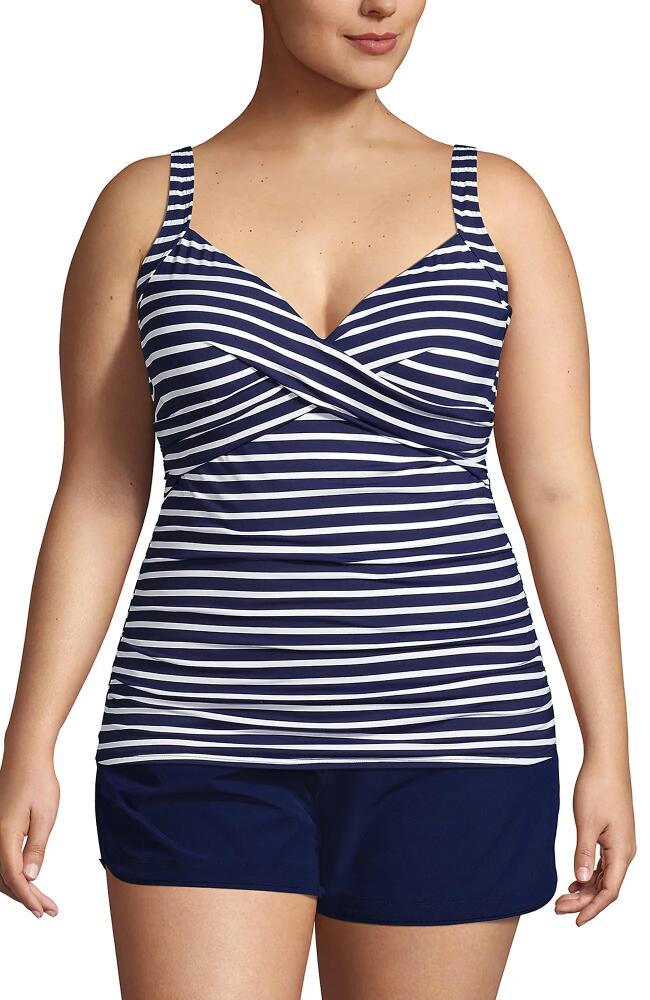 Lands' End Plus Size V-Neck Wrap Underwire Tankini Swimsuit Top in Deep Sea/white Media Stripe Cover