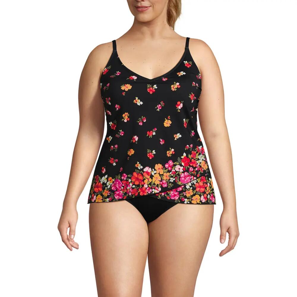 Lands' End Plus Size Chlorine Resistant Tulip Hem Tankini Swimsuit Top in Black Meadow Floral Border Cover