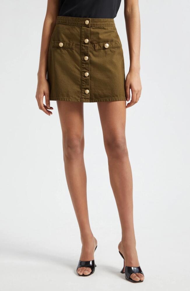 L'AGENCE Kris Button Front Cotton A-Line Miniskirt in Olive Grove Cover