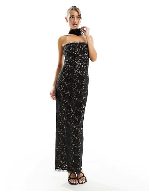 Rare London lace maxi dress with corsage detail in black Cover