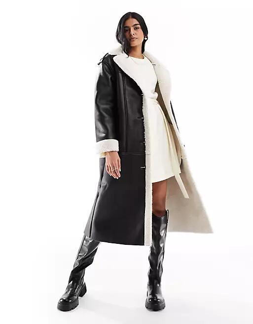 Only faux leather longline aviator coat in black Cover