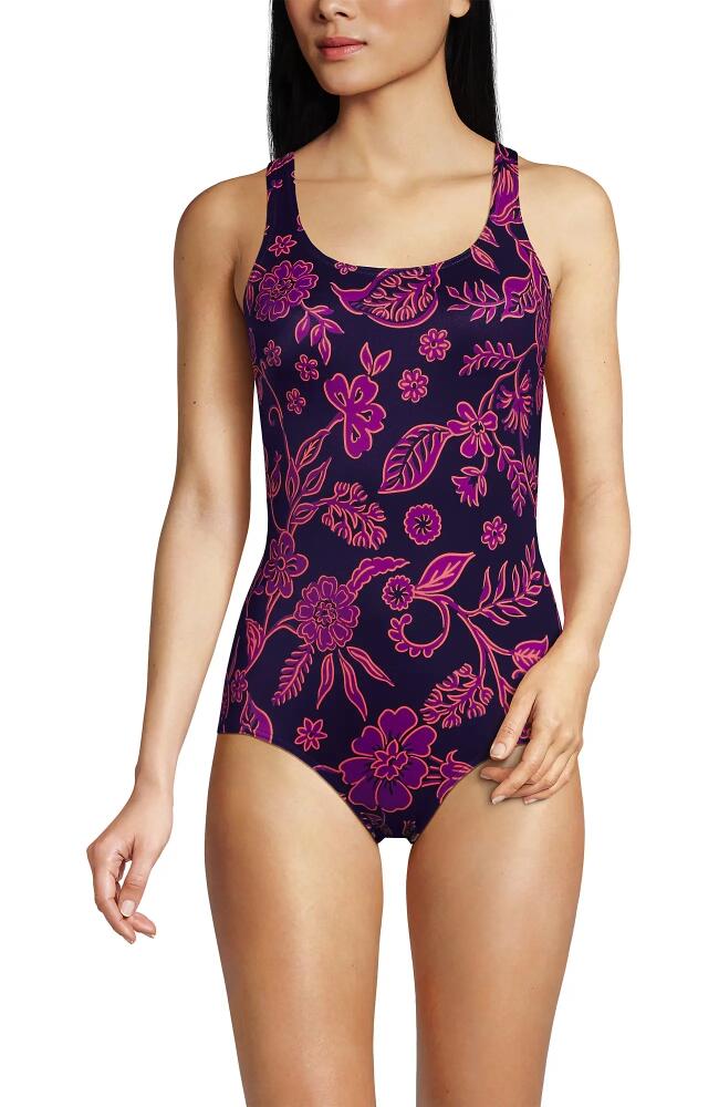 Lands' End Scoop Neck Tugless Sporty One Piece Swimsuit in Blackberry Ornate Floral Cover