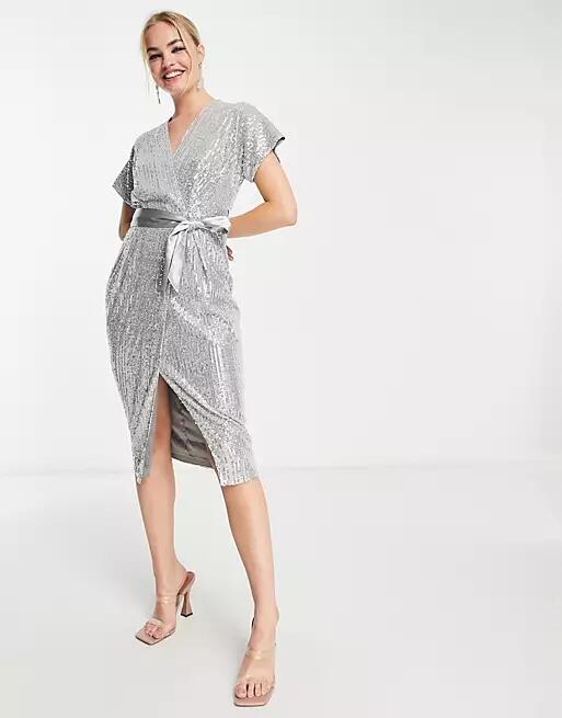 Closet London kimono wrap sequin midi dress in silver Cover