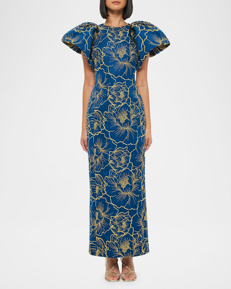 LEO LIN Lucinda Puff-Sleeve Floral Jacquard Column Gown Cover