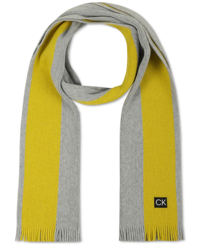 Calvin Klein Men's Thick Wool Blend Side Stripe Logo Scarf - Heroic Grey Heathe Cover