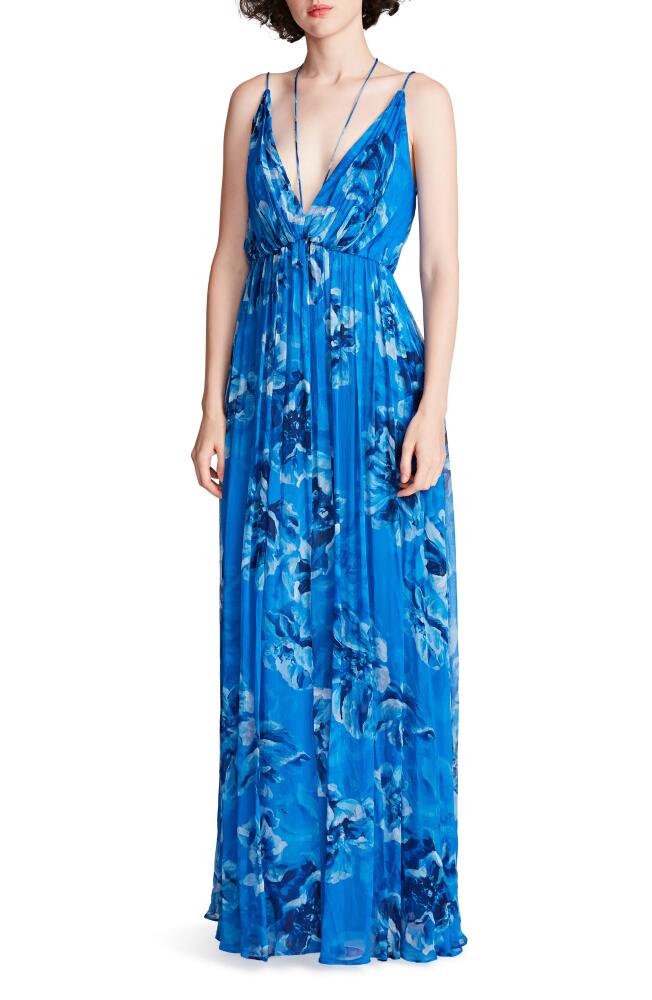 HALSTON Mindy Floral Chiffon A-Line Gown in Ocean Painted Floral Print Cover