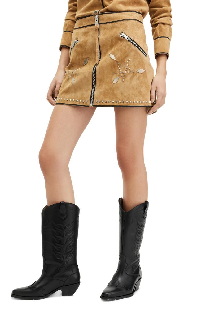 AllSaints Karlson Lea Studded Suede Miniskirt in Tan Brown Cover