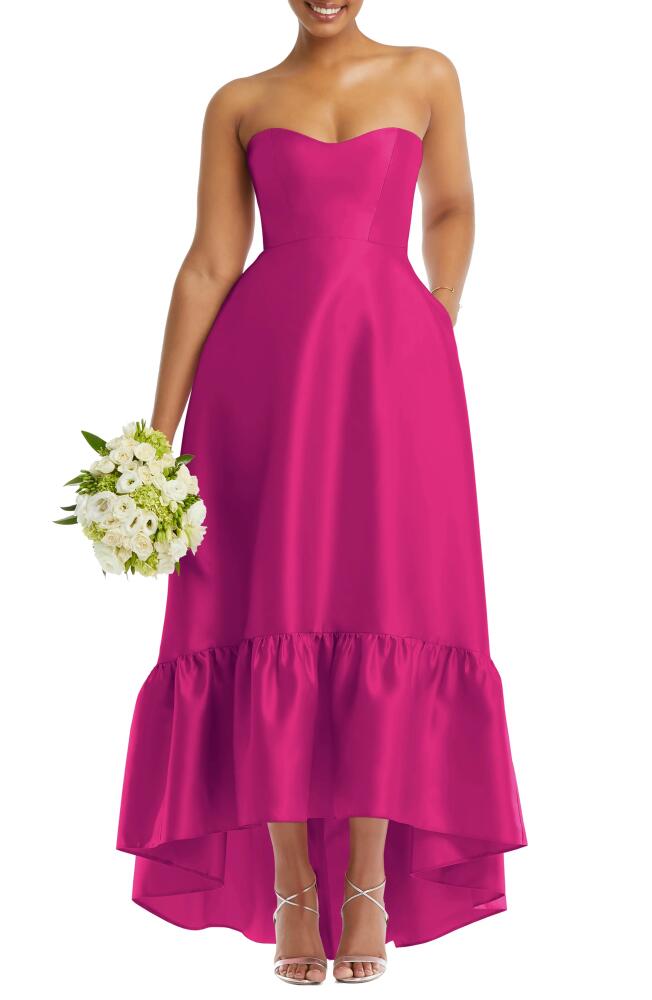 Alfred Sung Strapless Ruffle High-Low Satin Gown in Think Pink Cover