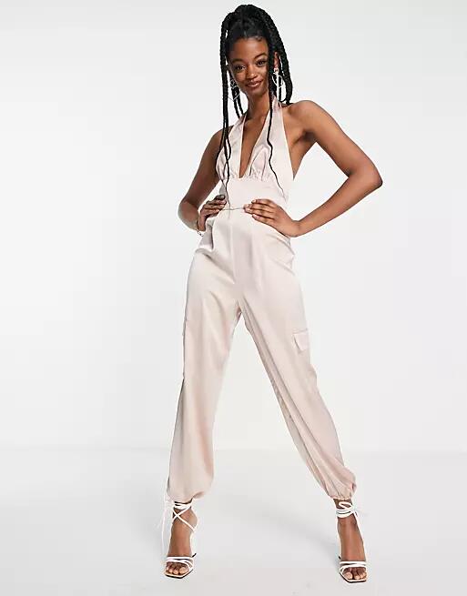 Miss Selfridge satin halter cargo jumpsuit in champagne-Neutral Cover