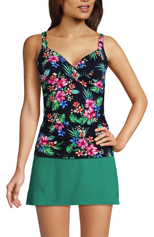 Lands' End Plus Size DD-Cup Chlorine Resistant V-Neck Underwire Tankini Top Swimsuit Adjustable Straps in Deep Sea Navy Rosella Floral Cover