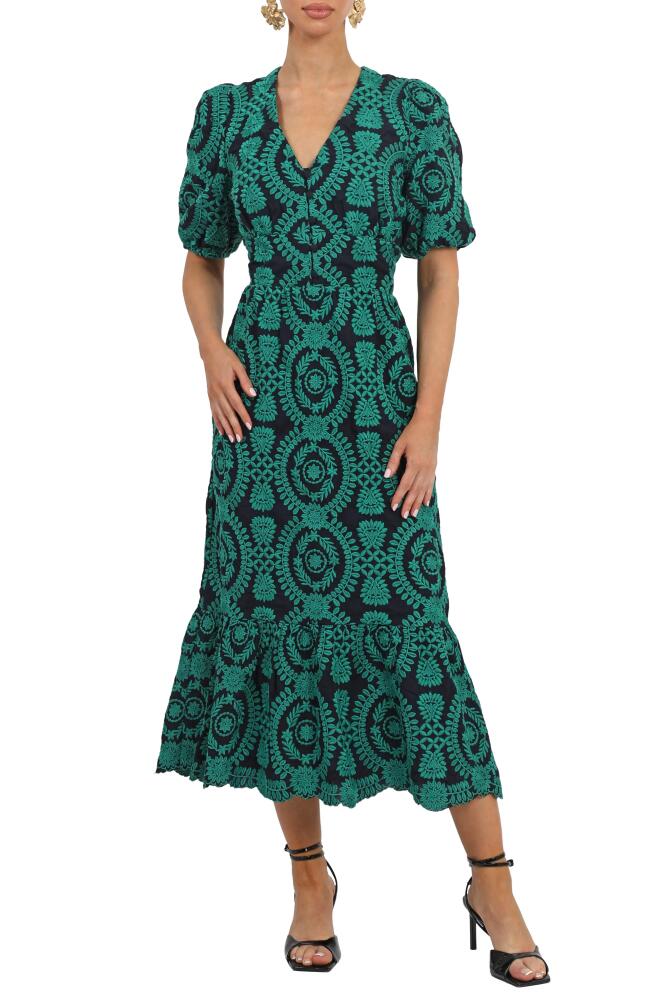 Adelyn Rae Luisa Embroidered Midi Dress in Navy Green Cover