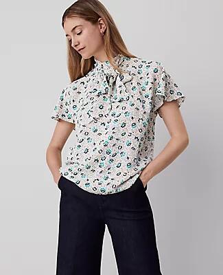 Ann Taylor Floral Mock Neck Bow Blouse Cover