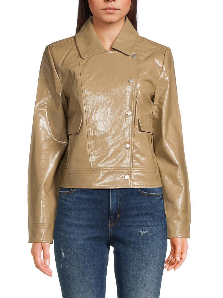 Bagatelle Women's Relaxed Fit Faux Leather Biker Jacket - Taupe Cover