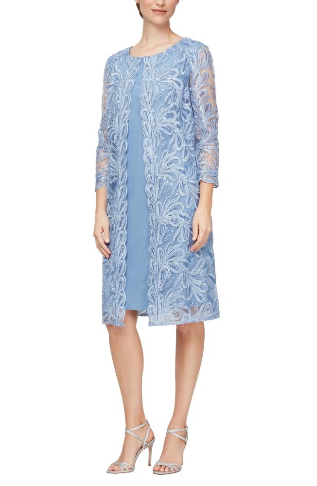 Alex Evenings Embroidered Mock Jacket Cocktail Dress in Periwinkle Cover