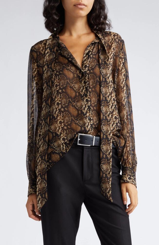 Nili Lotan Carina Snakeskin Print Tie Neck Silk Shirt in Beige Python Cover