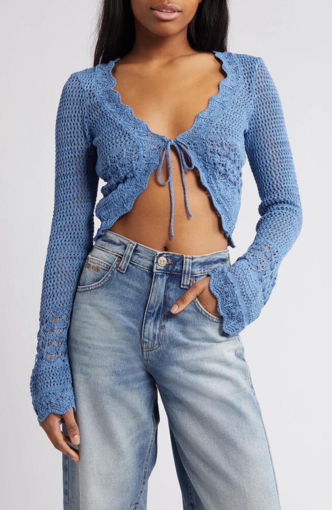 BDG Urban Outfitters Open Stitch Tie Front Crop Cardigan in Acid Blue Cover