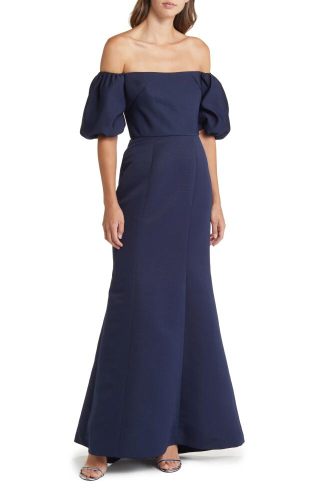 Amsale Fai Off the Shoulder Puff Sleeve Mermaid Gown in Navy Cover