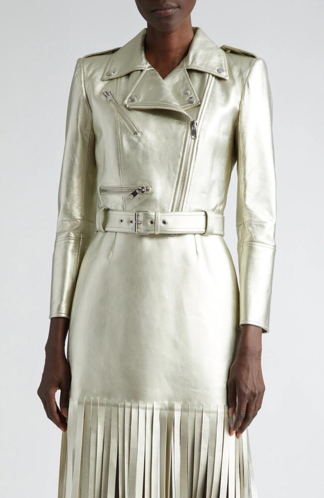 Alexander McQueen Crop Metallic Leather Moto Jacket in Champagne Cover