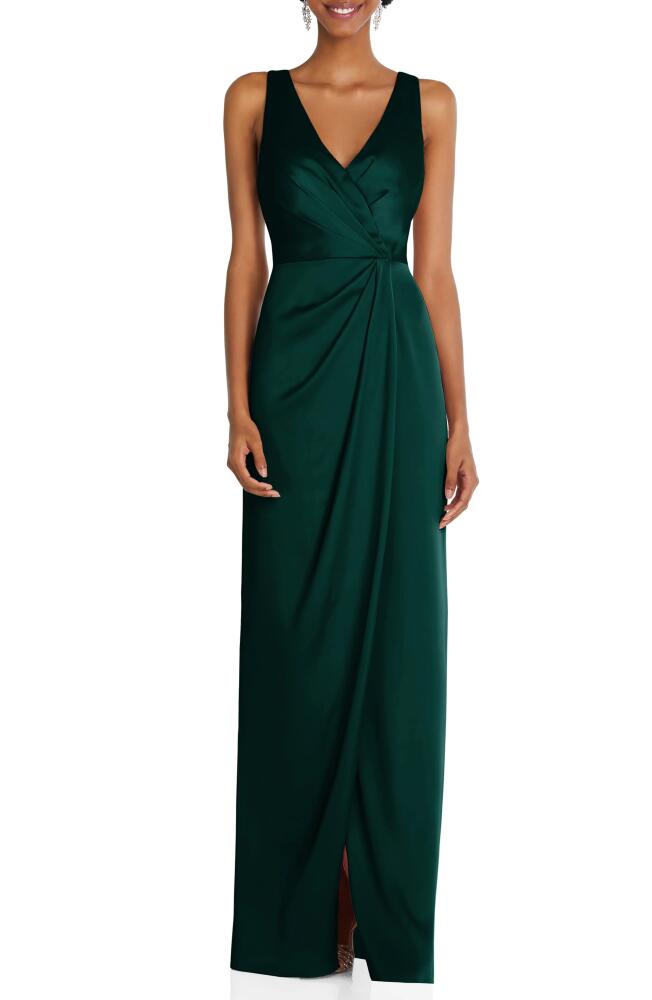 After Six Sleeveless Satin Faux Wrap Gown in Evergreen Cover