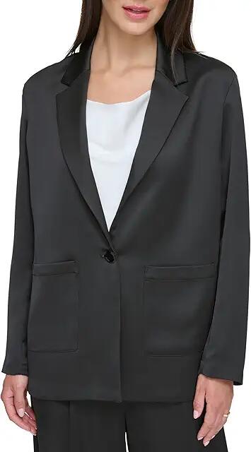 DKNY Long Sleeve Two-Pocket Satin Blazer (Black) Women's Clothing Cover