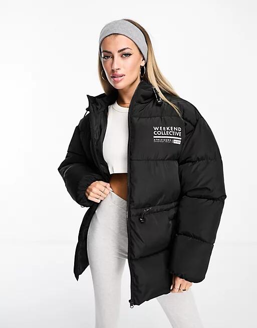 ASOS Weekend Collective waisted padded coat with logo in black Cover