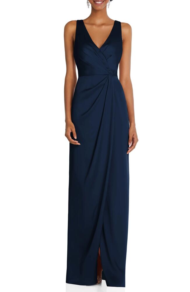 After Six Sleeveless Satin Faux Wrap Gown in Midnight Navy Cover