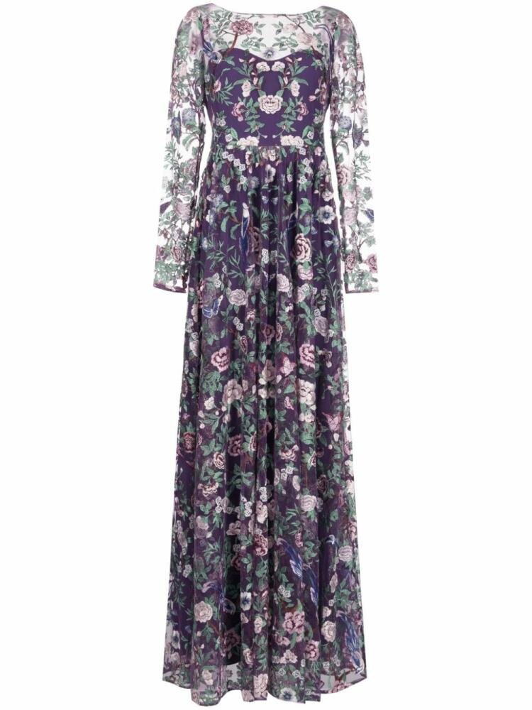 Marchesa Notte botanical-embroidery sheer-overlay gown - Purple Cover