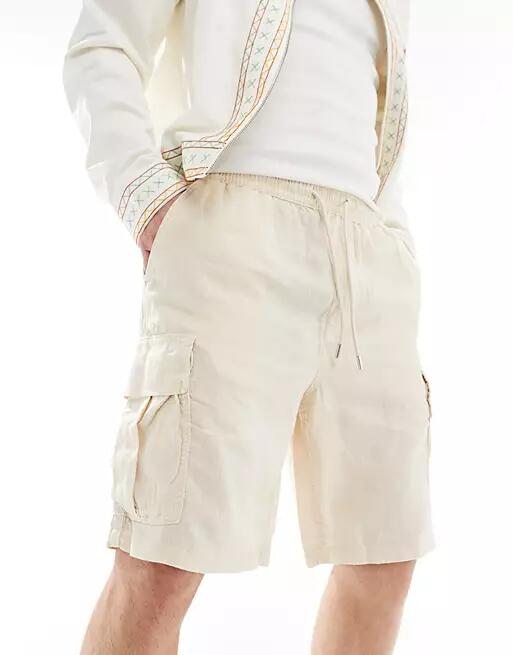 Jack & Jones wide fit linen mix cargo shorts in beige-Neutral Cover