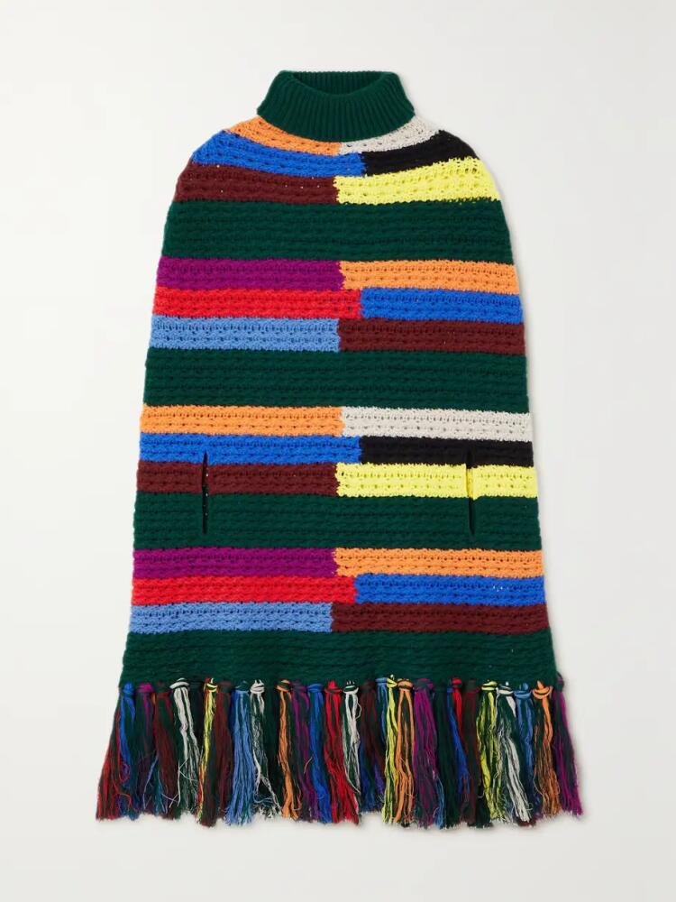 PUCCI - Fringed Striped Wool Turtleneck Poncho - Blue Cover