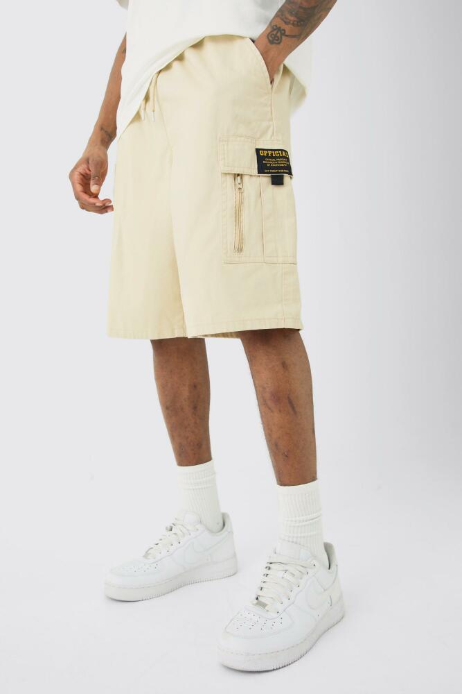 boohoo Mens Tall Fixed Waist Twill Relaxed Cargo Zip Detail Tab Short - Beige Cover