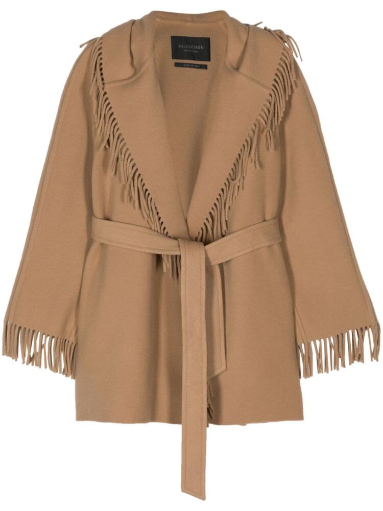 Balenciaga fringed-edge hooded cardi-coat - Neutrals Cover