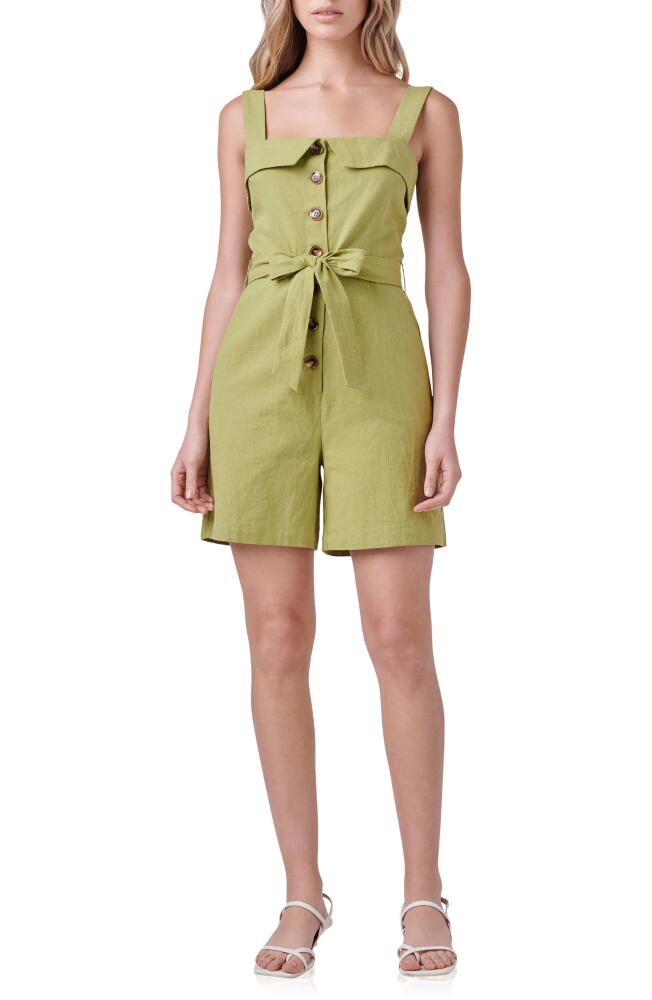 English Factory Belted Linen & Cotton Button-Up Romper in Green Cover