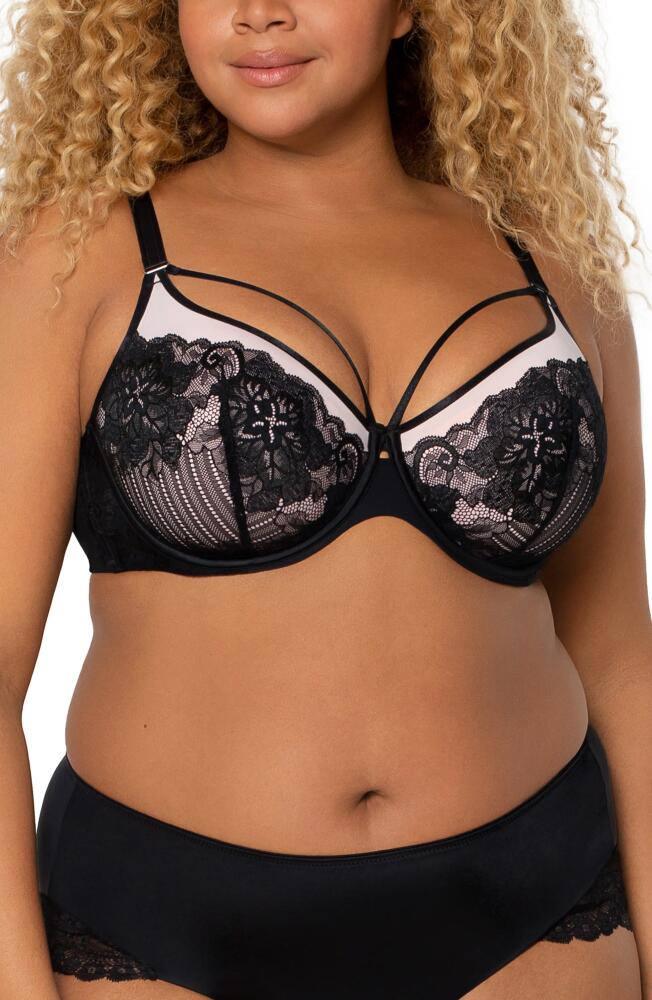 Curvy Couture Tulip Strappy Lace Push-Up Bra in Black W/Adobe Rose Cover