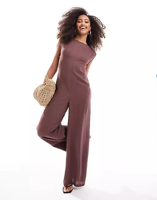 ASOS DESIGN shoulder pad column wide leg jumpsuit in chocolate-Brown Cover