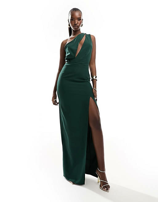 Vesper exclusive one shoulder cut out detail front spilt maxi dress in forest green Cover