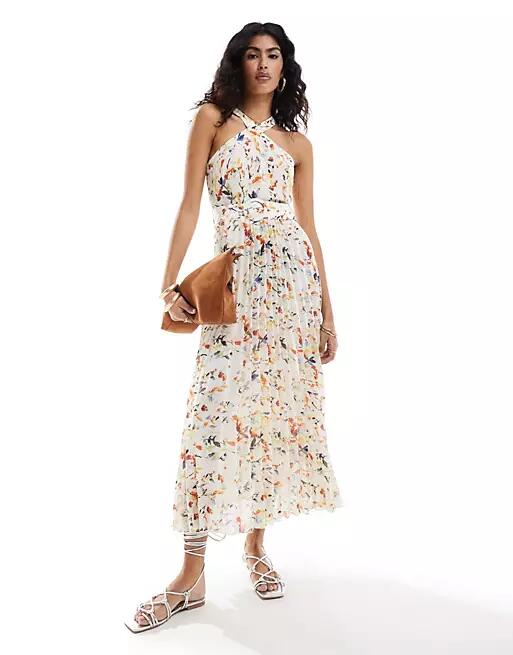 Style Cheat halterneck midi dress with pleated hem in floral-Multi Cover