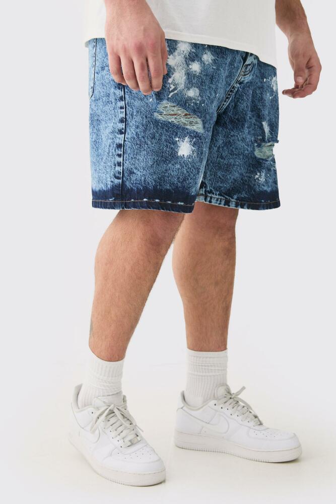 boohoo Mens Plus Indigo Wash Paint Splatter Relaxed Fit Jean Shorts - Blue Cover