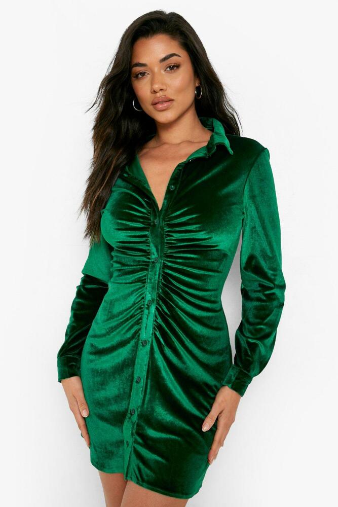 boohoo Womens Velvet Ruched Detail Shirt Party Dress - Green Cover