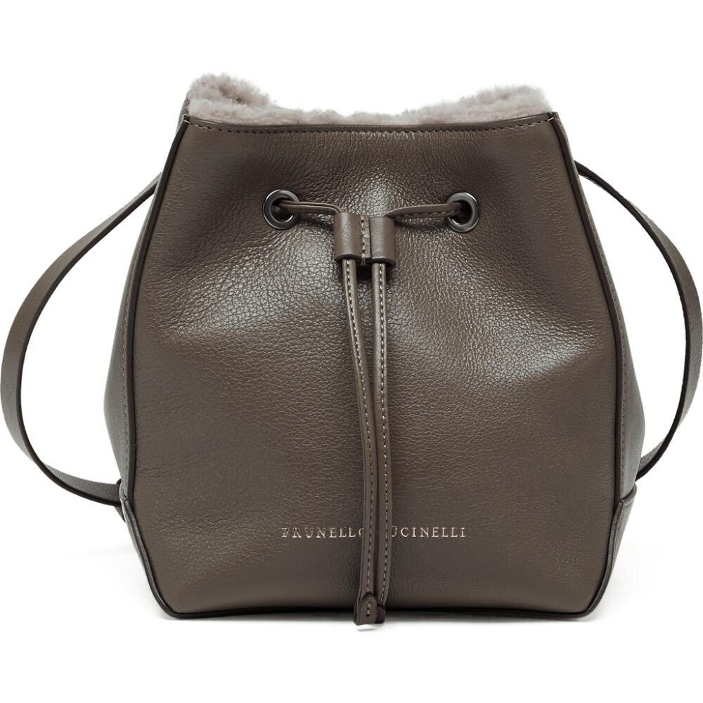 Brunello Cucinelli Classic leather bucket bag with monili in Mud Cover