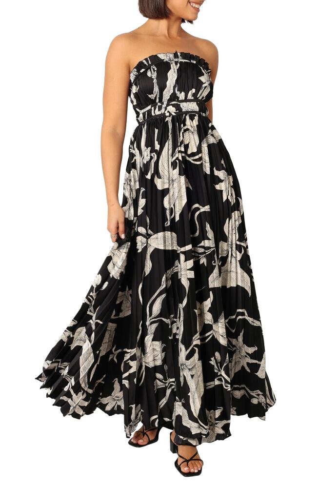 Petal & Pup Angelique Floral Strapless Pleated Maxi Dress in Black Floral Cover