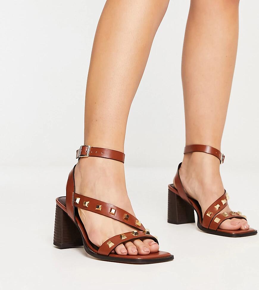 ASOS DESIGN Wide Fit Halter studded mid heeled sandals in tan-Brown Cover