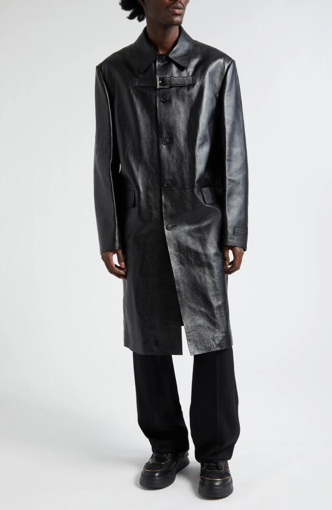 Versace Strap Detail Calfskin Leather Coat in Black Cover