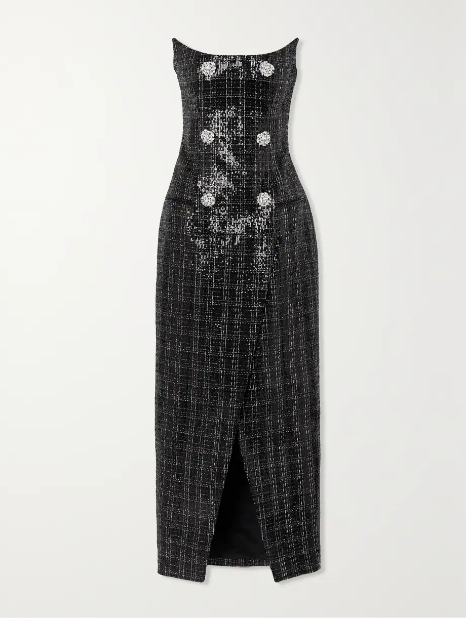 Balmain - Strapless Embellished Sequined Metallic Tweed Gown - Black Cover