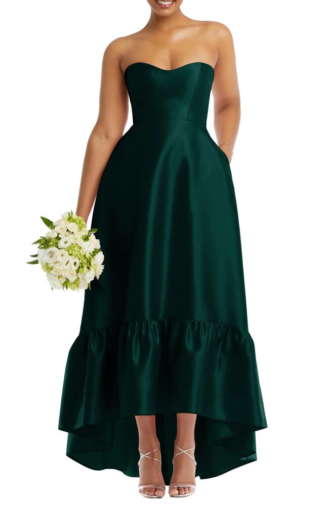 Alfred Sung Strapless Ruffle High-Low Satin Gown in Evergreen Cover