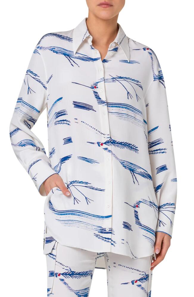 Akris Kasuri Birds Print Relaxed Fit Silk Crepe Button-Up Shirt in Ecru-Denim Cover